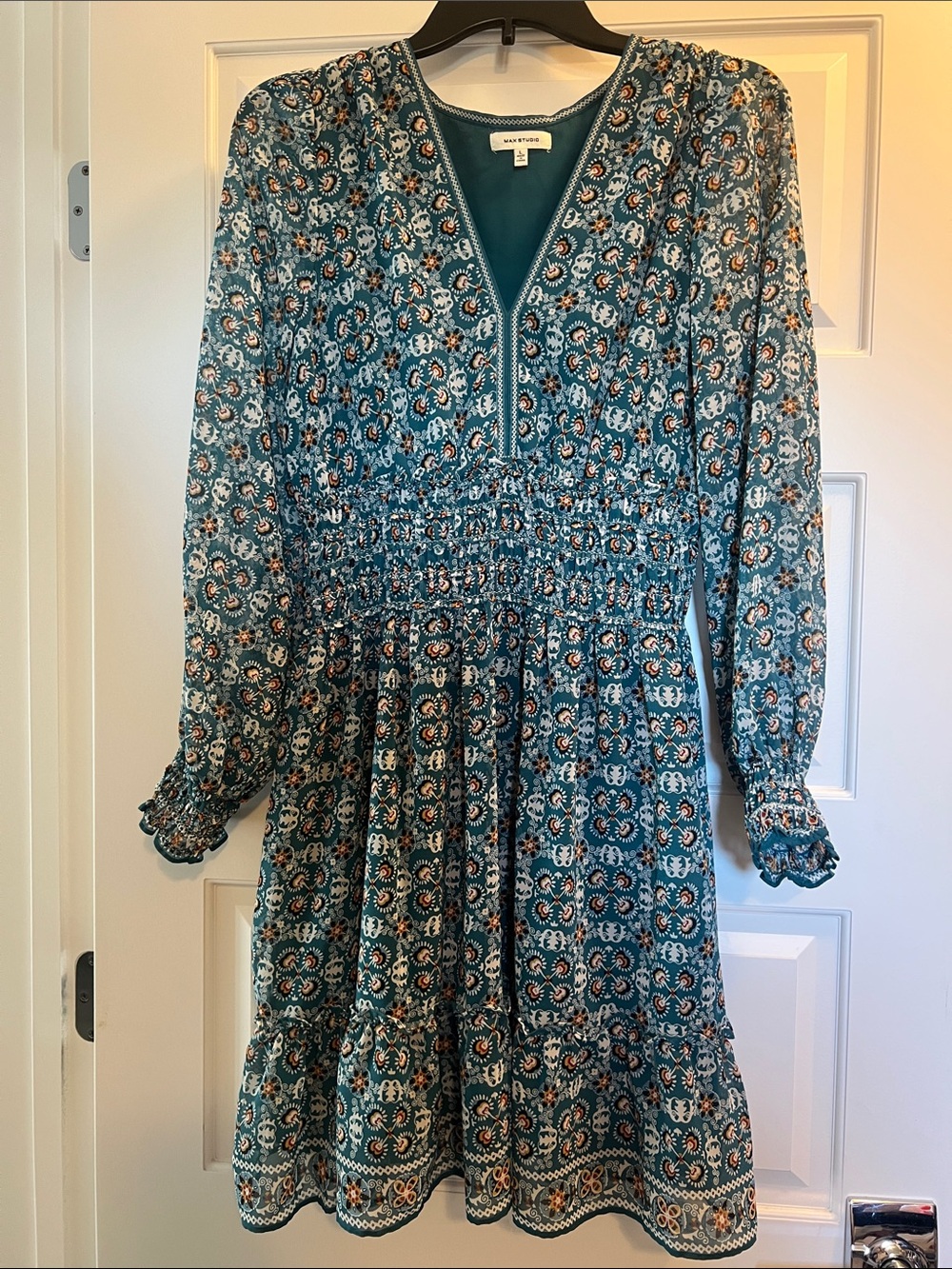 Max Studio Teal Paisley Long-Sleeve V-Neck Dress